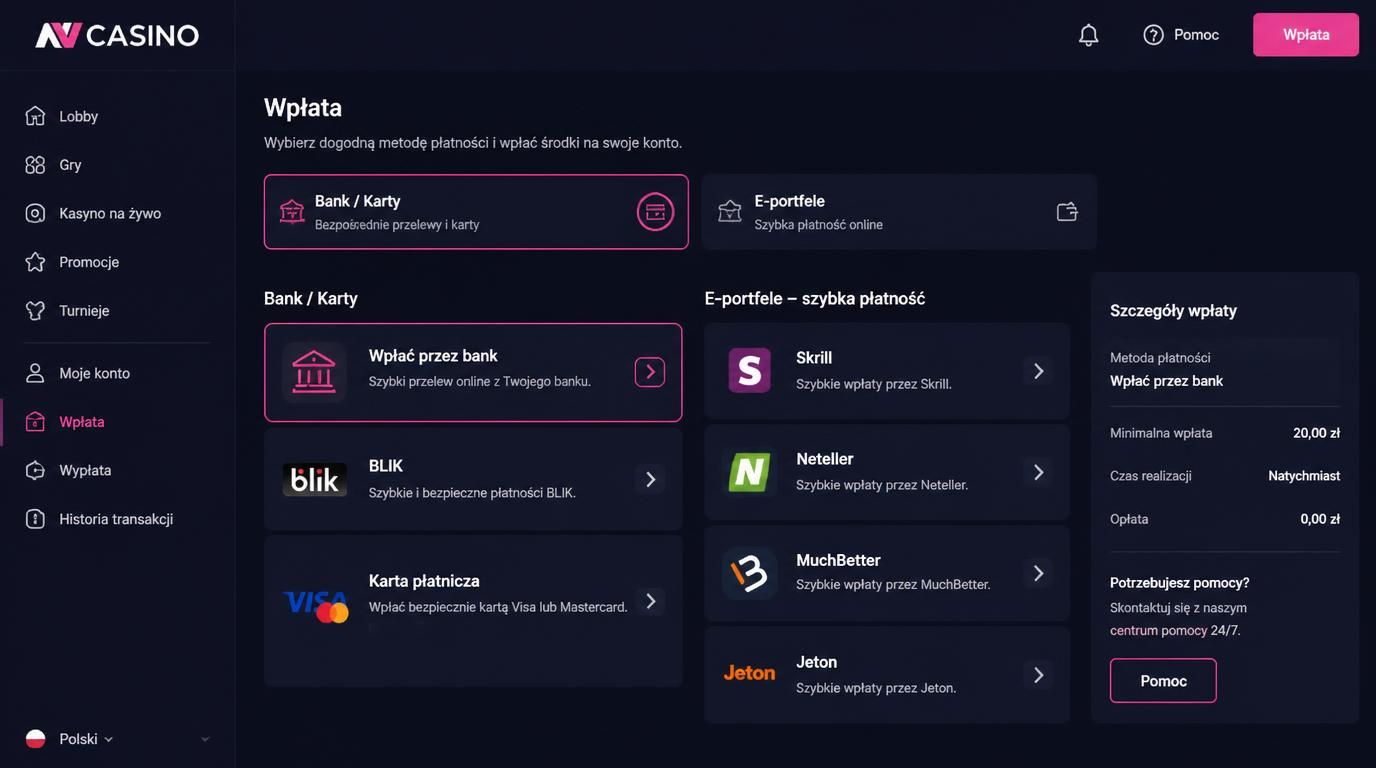 interfejs wyboru metody płatności bank vs e-portfel w Nv Casino
