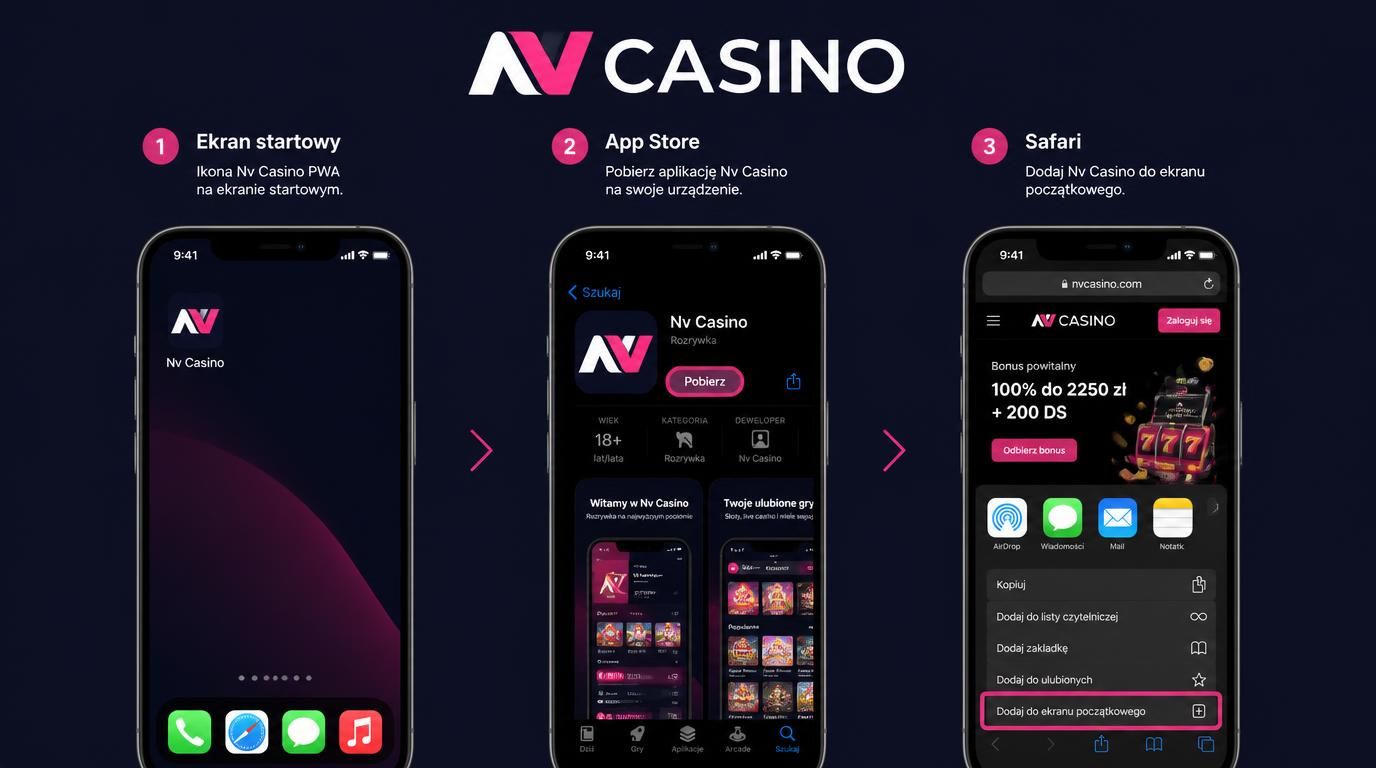 Interfejs iPhone z aplikacją Nv ustawioną jako ikona na ekranie i sklep App Store z opcją pobierania.
