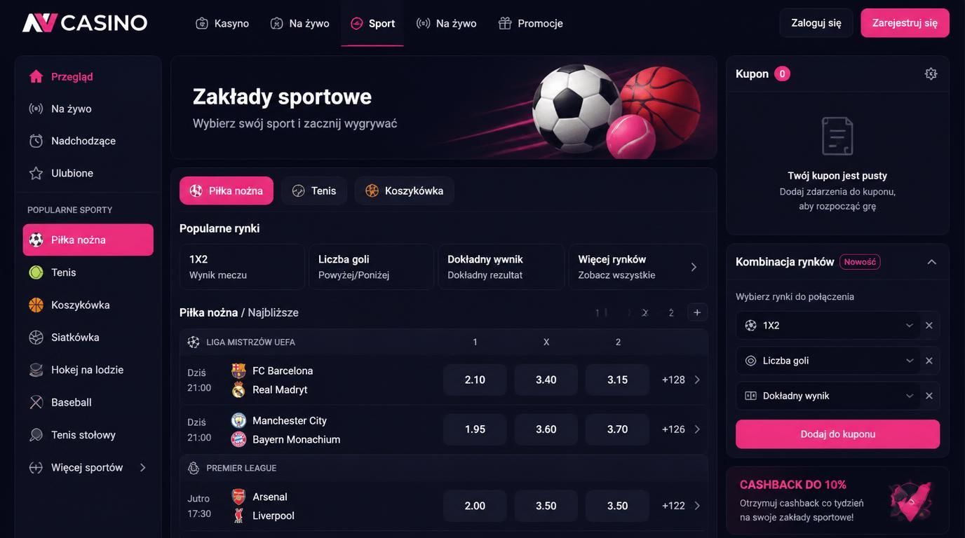 Obraz przedstawia różnorodność ofert zakładów sportowych w Nv Casino: sporty, typy, kupon AKO, live i kursy.