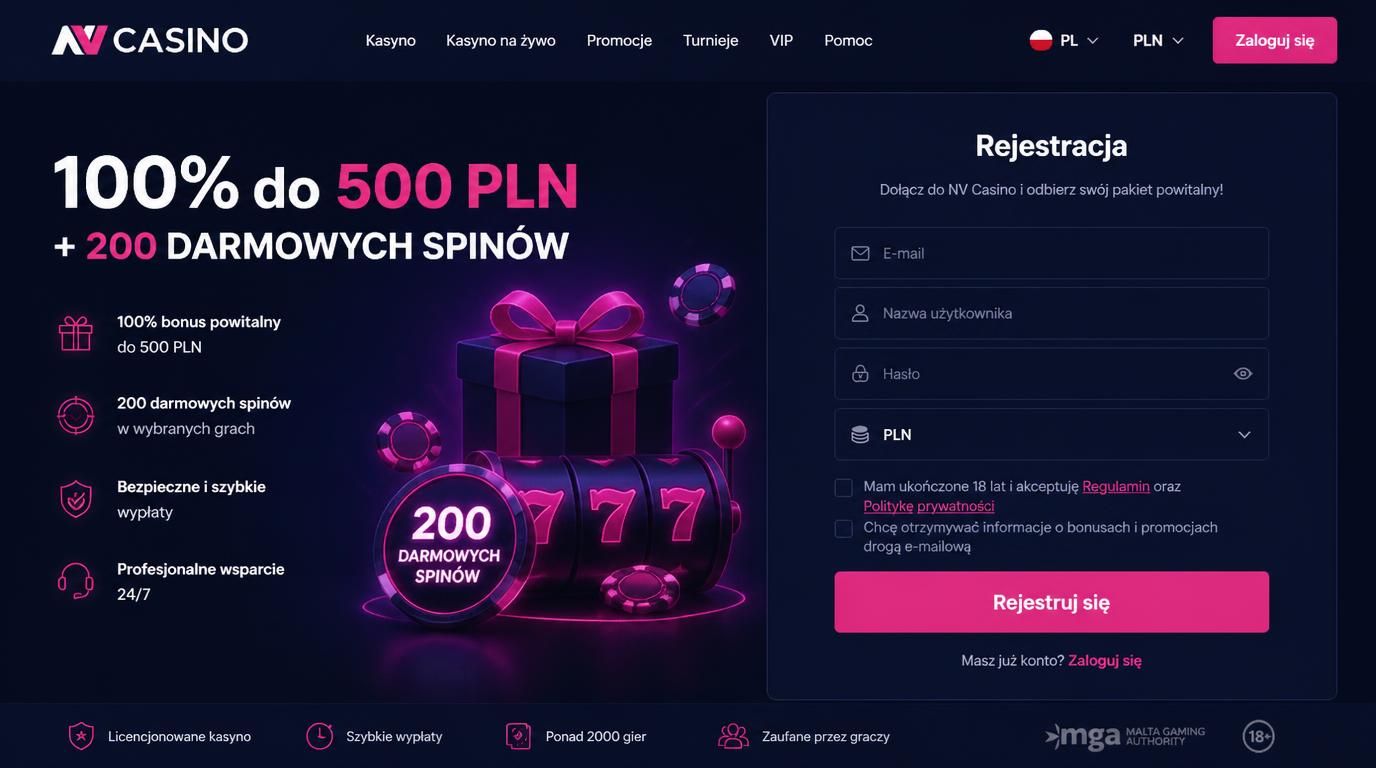 Interfejs rejestracji z bonusem w NV Casino z ofertą powitalną i hasłem “100% do 500 PLN + 200 darmowych spinów”.