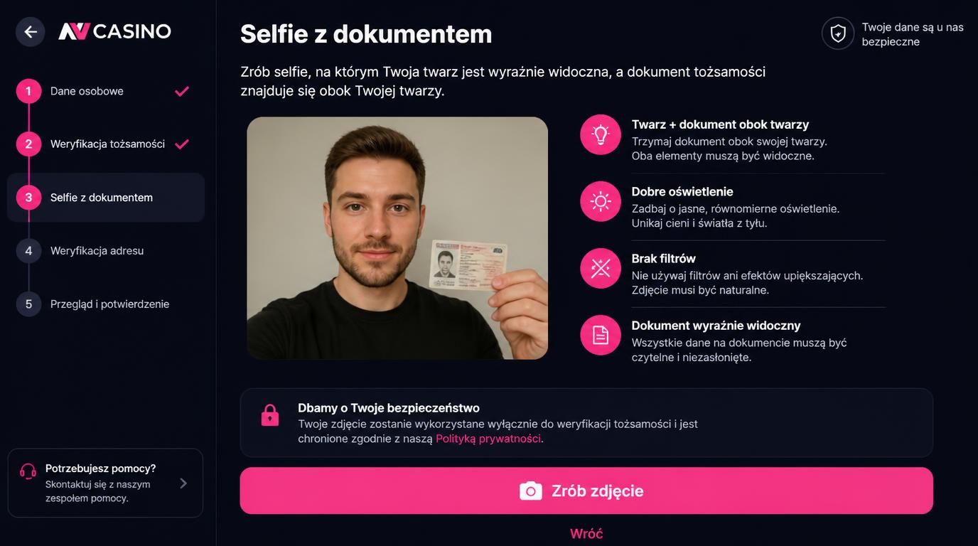 Instrukcje weryfikacji: selfie z dowodem tożsamości