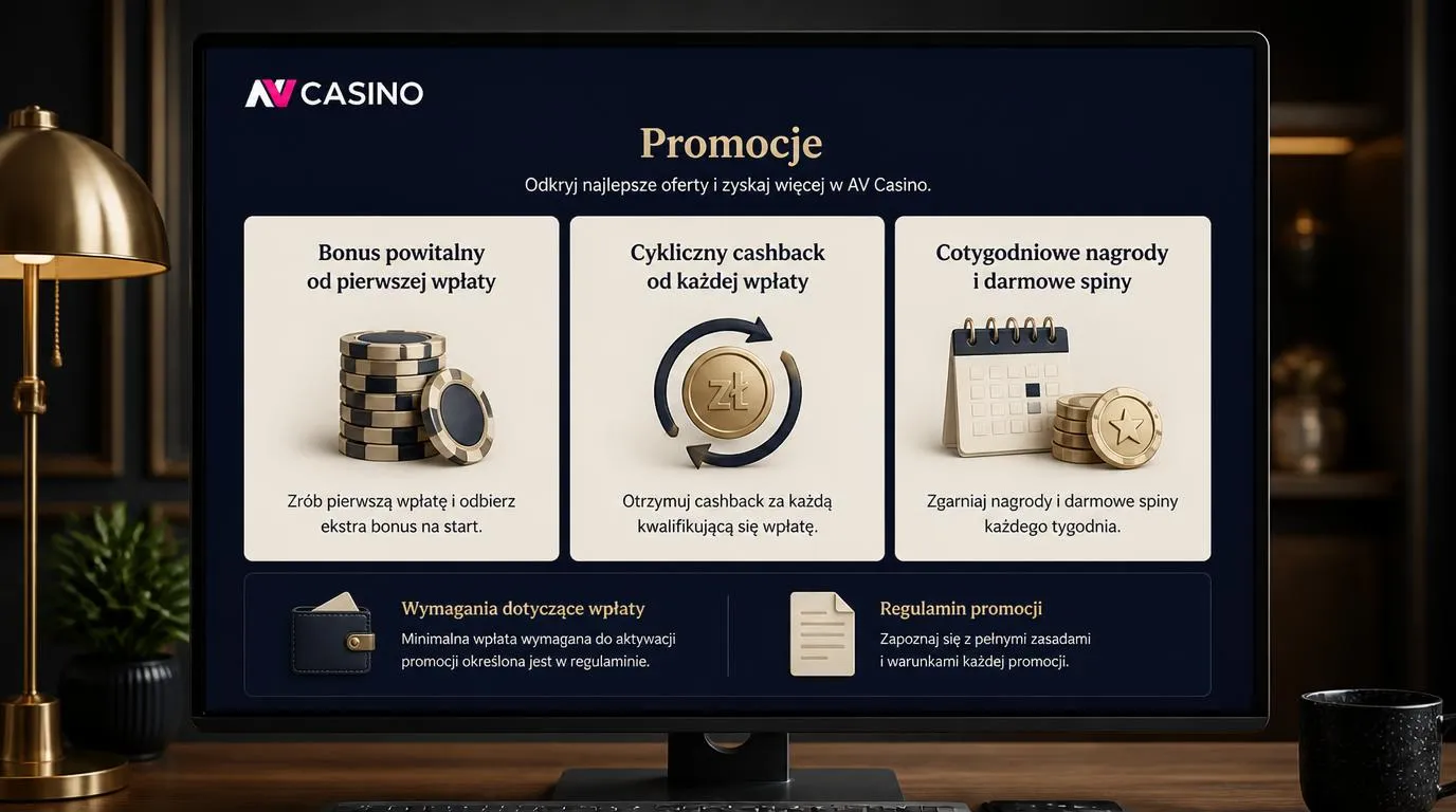 Trzy karty ofert kasynowych przedstawiające bonus powitalny, cashback i nagrody tygodniowe