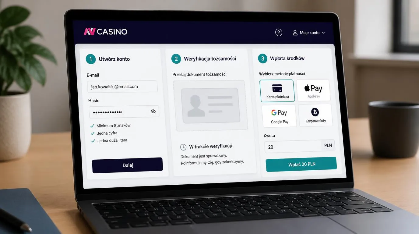 Panel rejestracji, weryfikacji tożsamości i wyboru płatności na ekranie laptopa