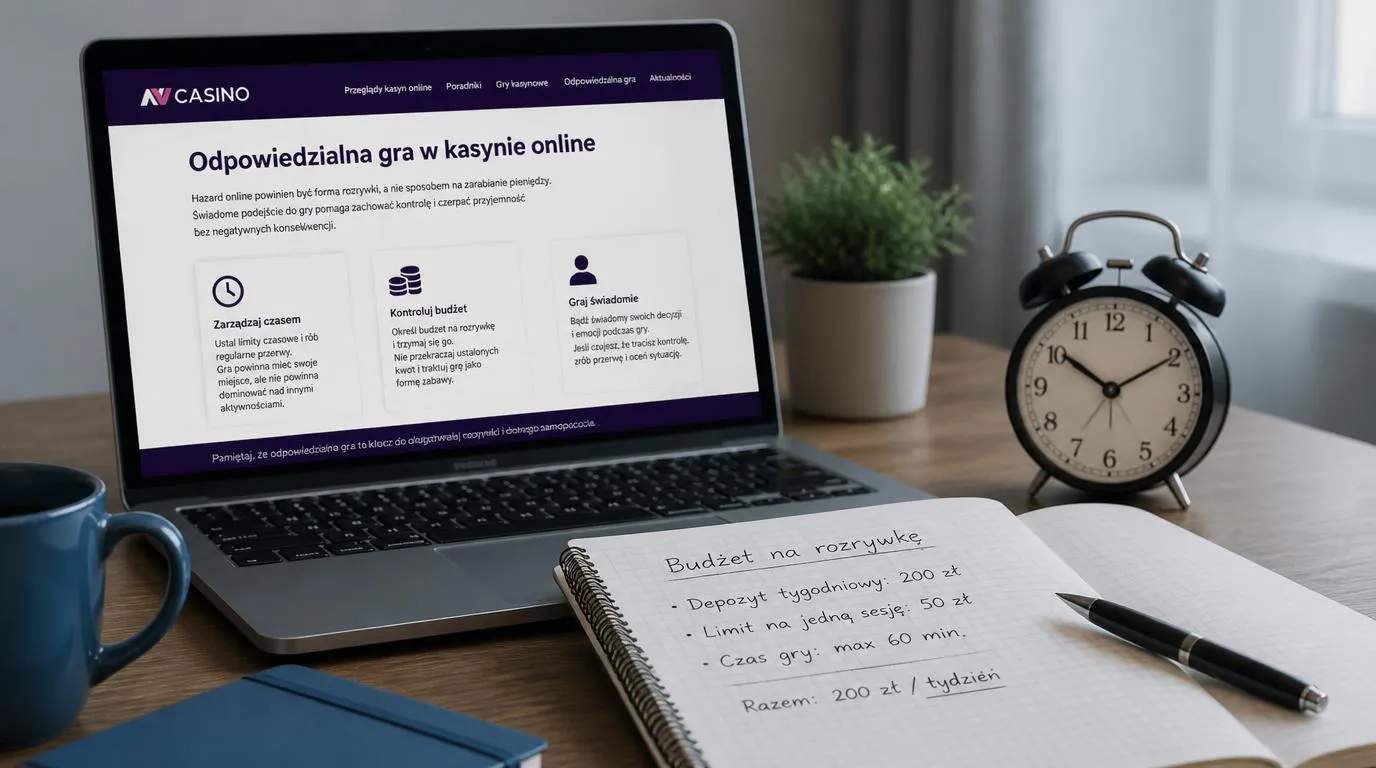 Notes z budżetem na rozrywkę obok laptopa z polskojęzyczną stroną i zegara