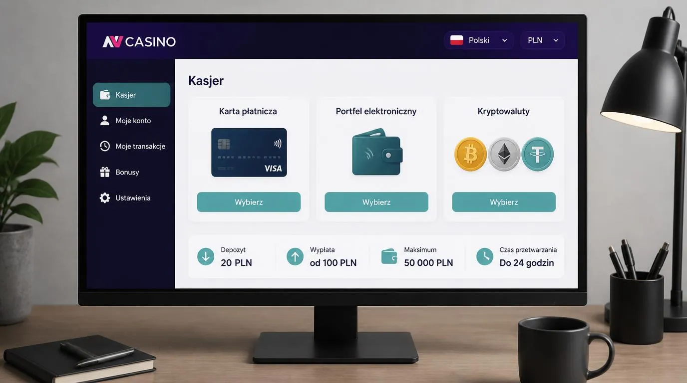 Panel kasy z kartą płatniczą, portfelem cyfrowym i kryptowalutami oraz kwotami wpłat i wypłat w PLN