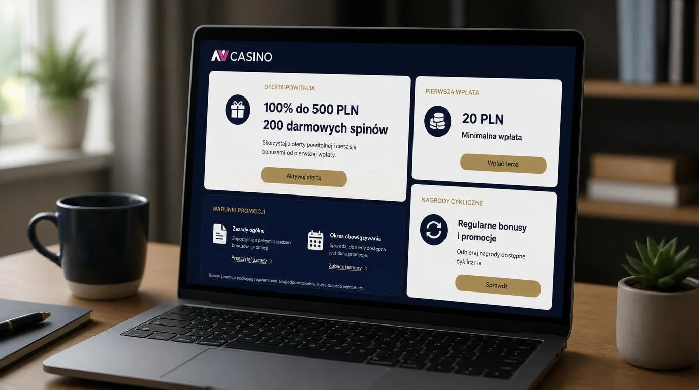 Panel oferty powitalnej 100% do 500 PLN i 200 darmowych spinów obok informacji o depozycie 20 PLN